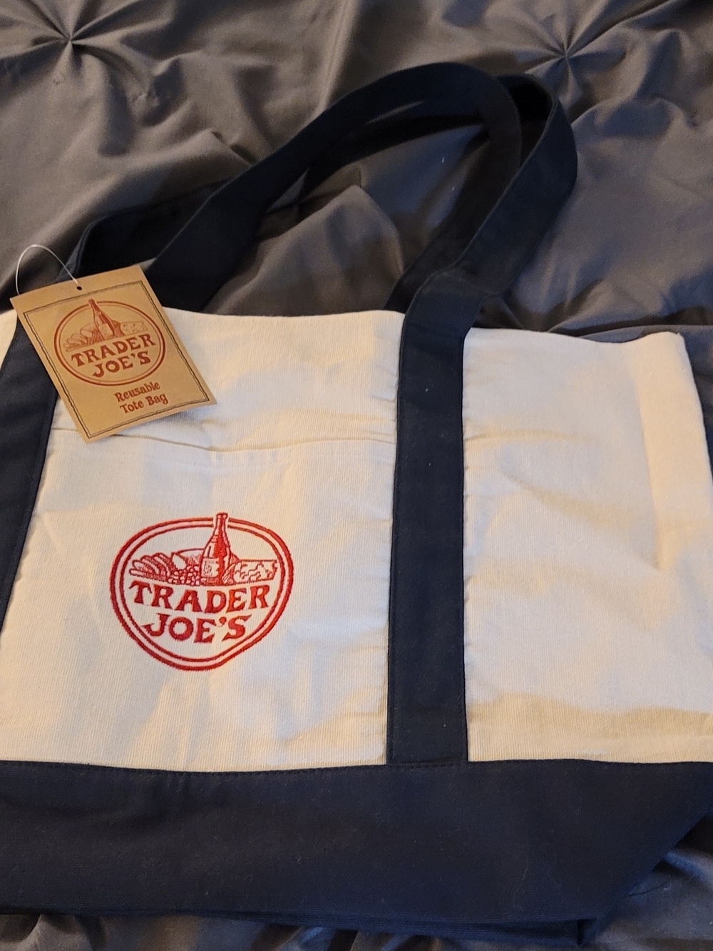 Traders Joe's Reusable Canvas Tote Bag in Cream and Navy